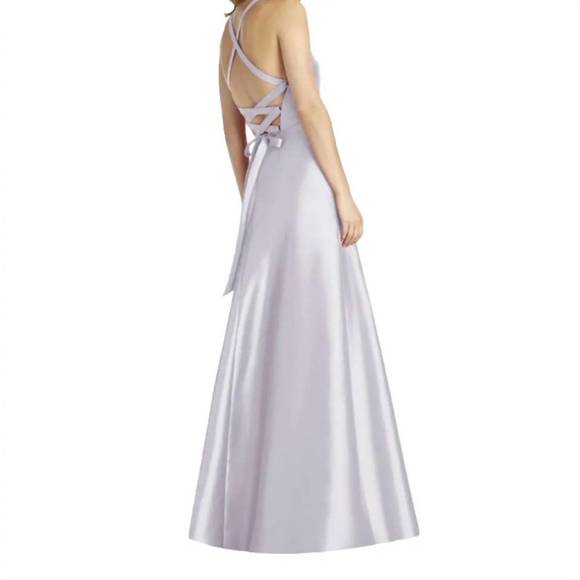 NEW ALFRED SUNG halter neck satin crisscross gown in moondance - Picture 2 of 6